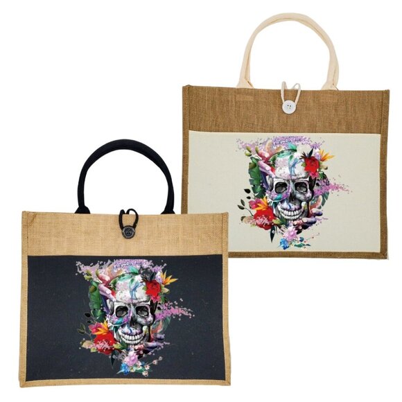 Custom Canvas Tote Bag, Large Size - Skulls Option #4 - Cream Or black - Picture 1 of 16